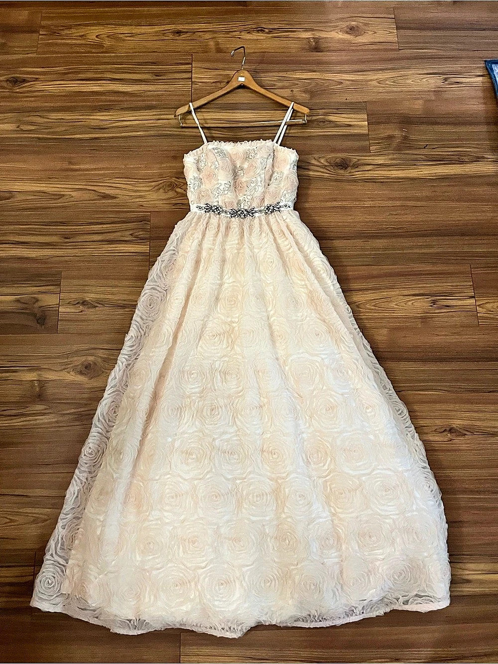 Adrianna Papell cream and blush rosette tulle ball gown